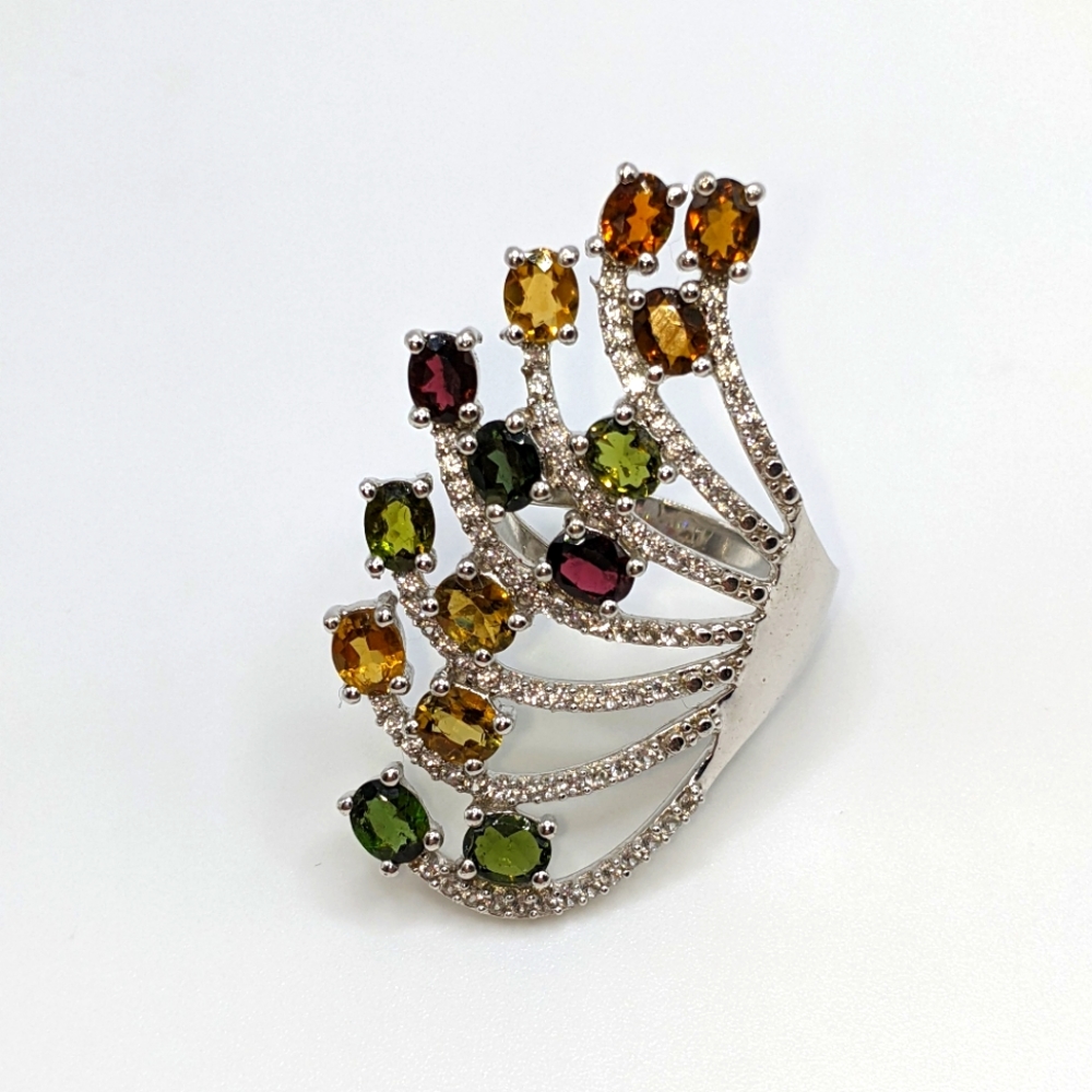 Multi-colored Tourmaline Gemstone Fan Design Ring Sterling Silver - Picture 4 of 14